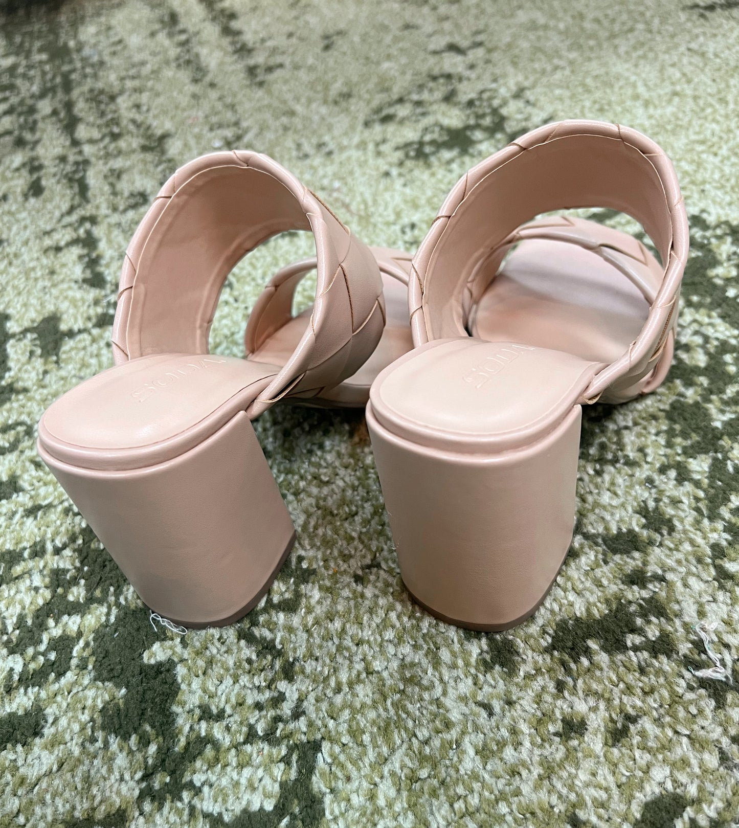 Nude block heels with 2 thick woven straps