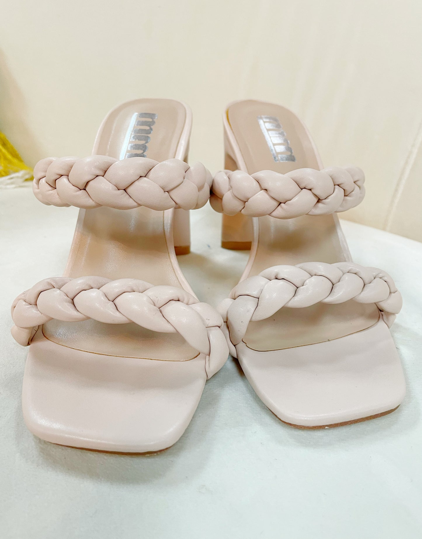 Beige double braided strap heels