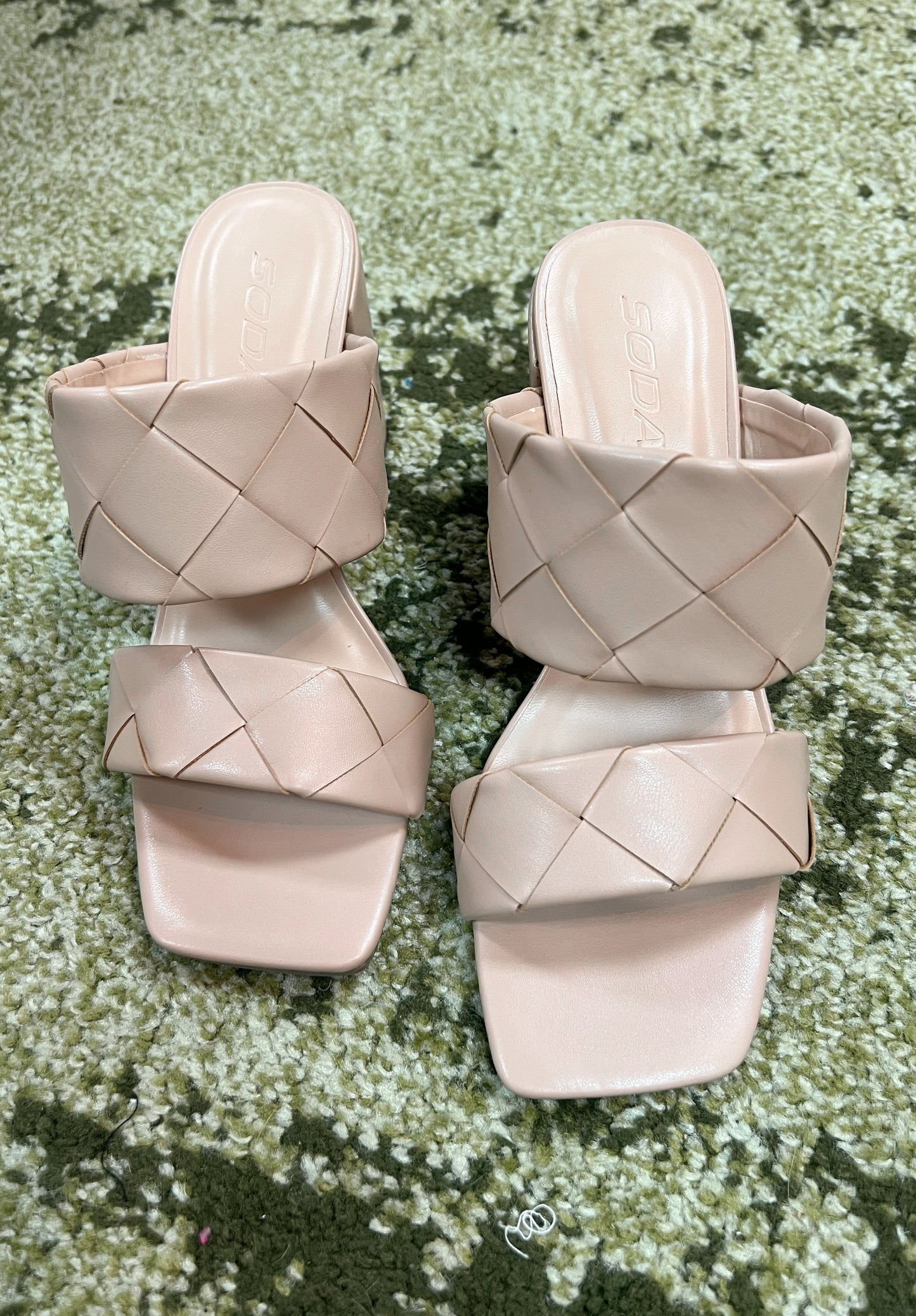 Nude block heels with 2 thick woven straps