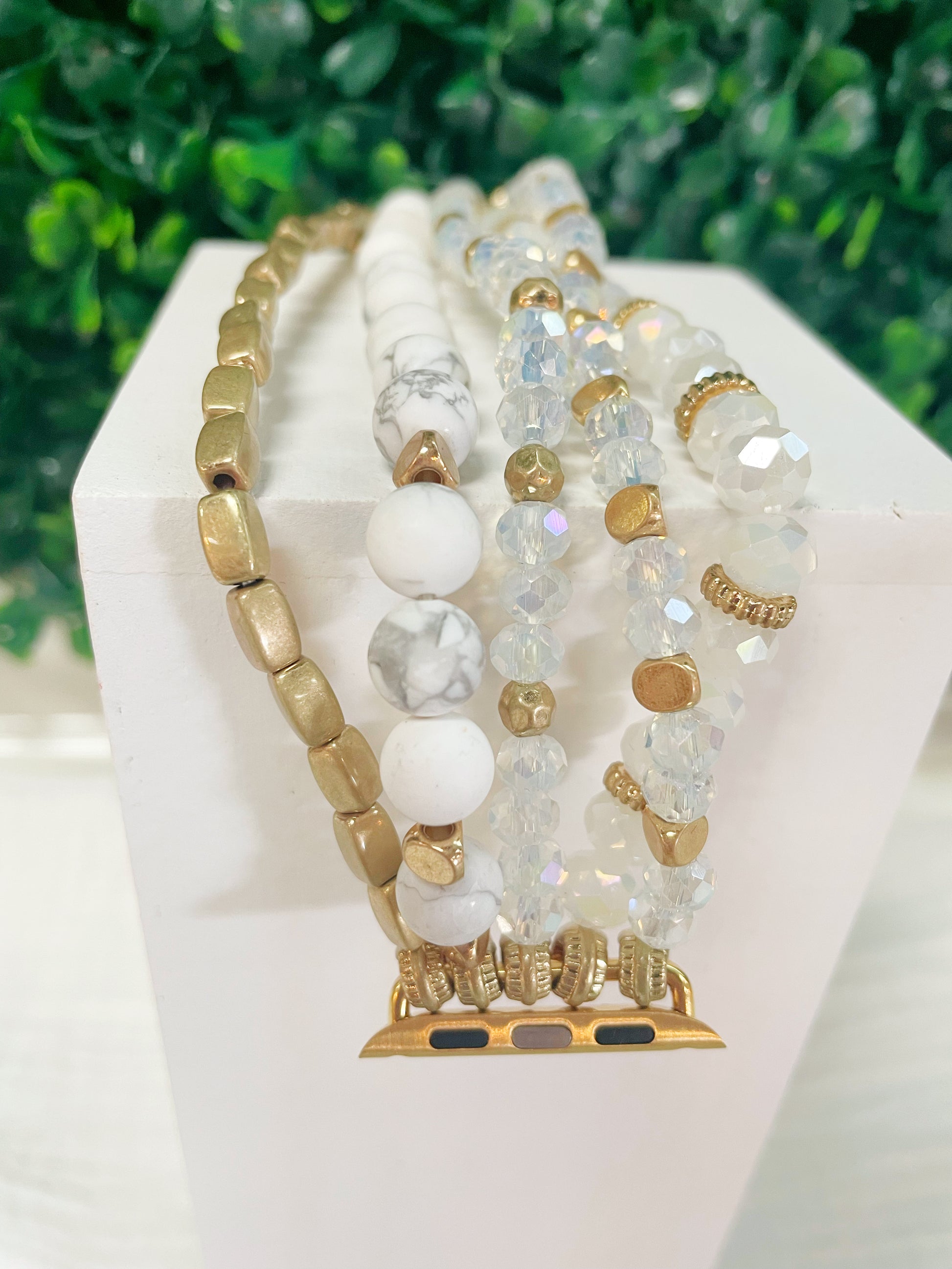 Apple watch band with glass & brass beads and matte semi-precious stones