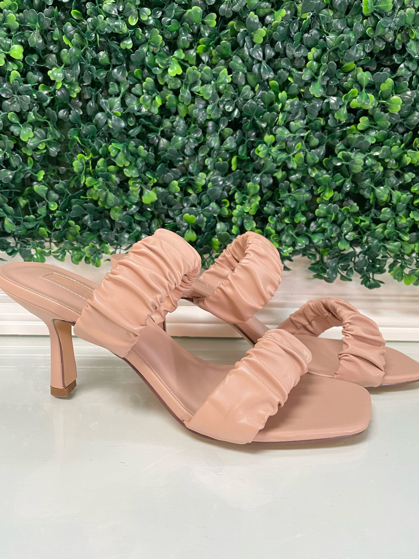 Nude faux leather heels with ruffled thick straps