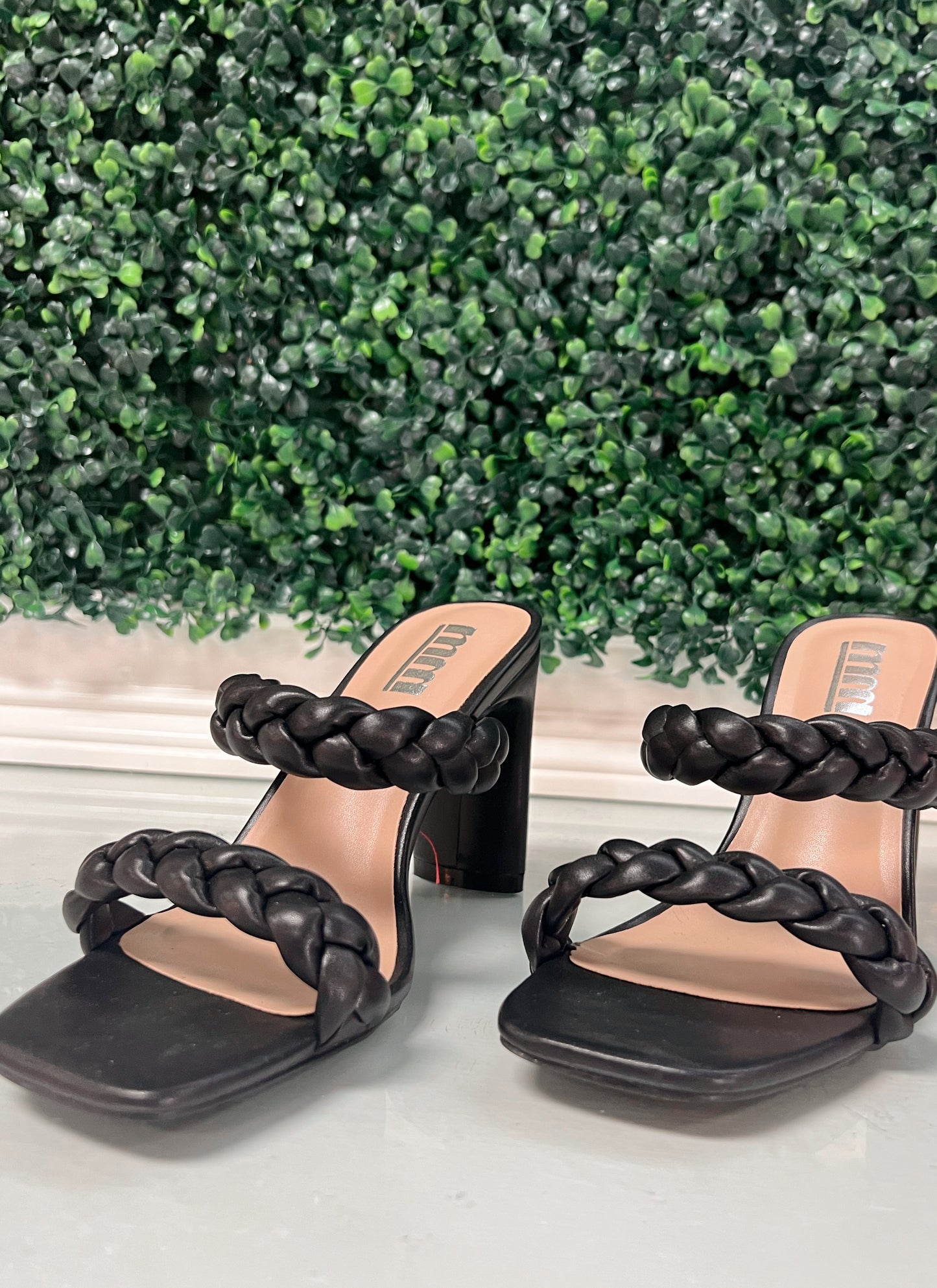 Black double braided strap heels