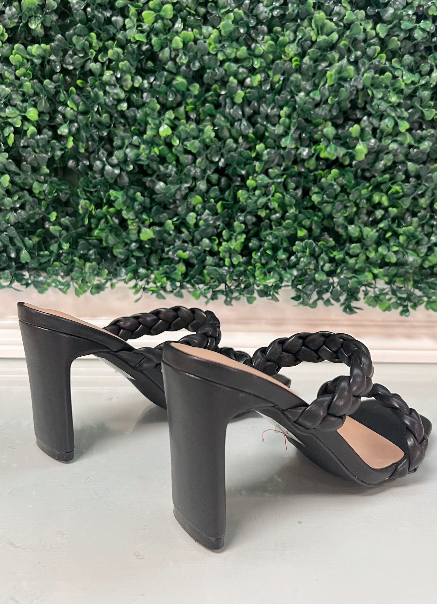 Black double braided strap heels