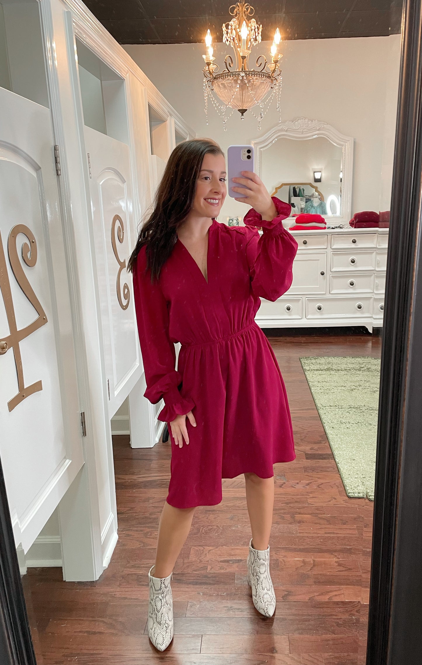 V Neck Smocked Sleeve Elastic Waist Mini Dress
