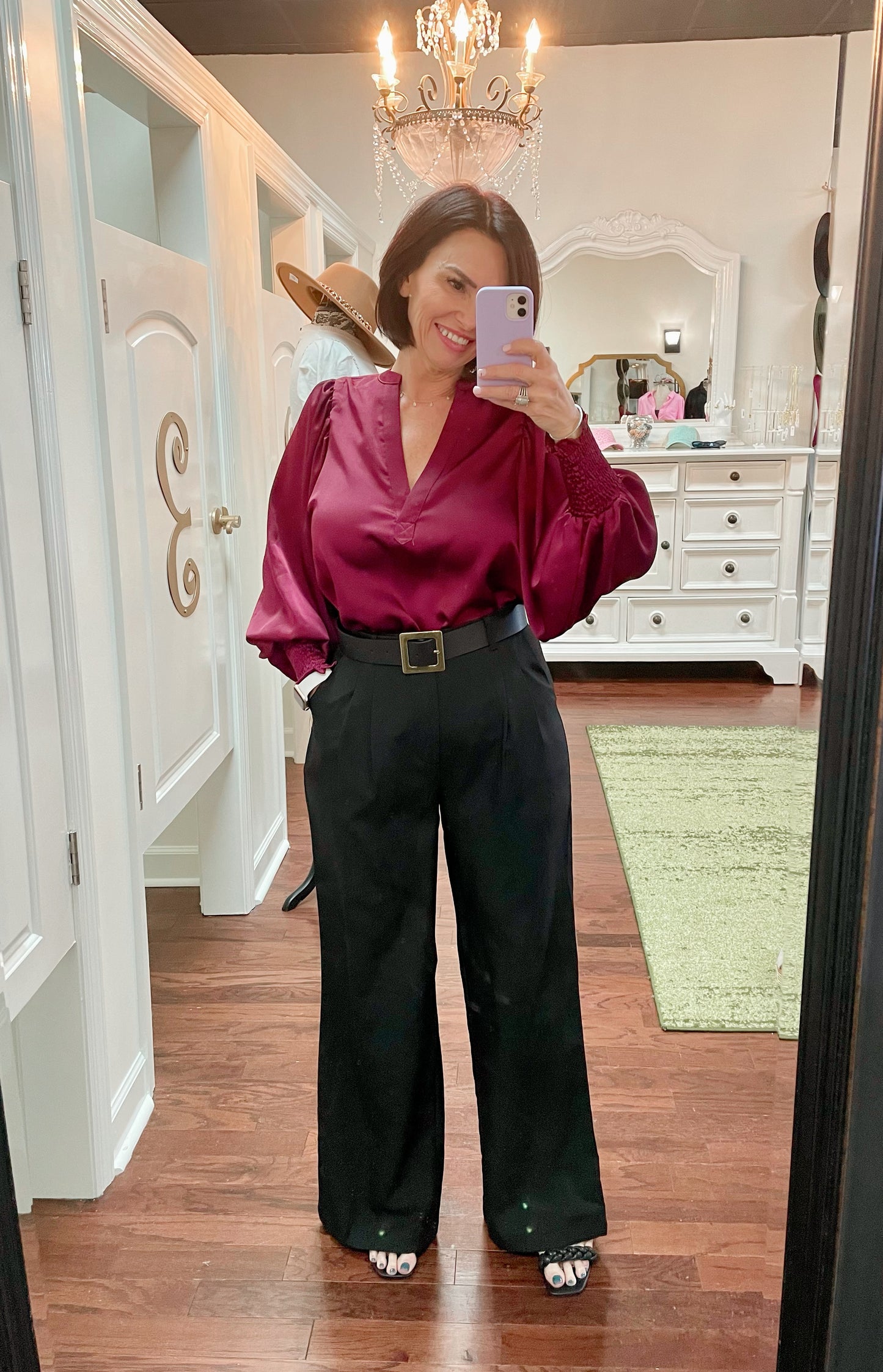 Woven puff sleeve satin blouse