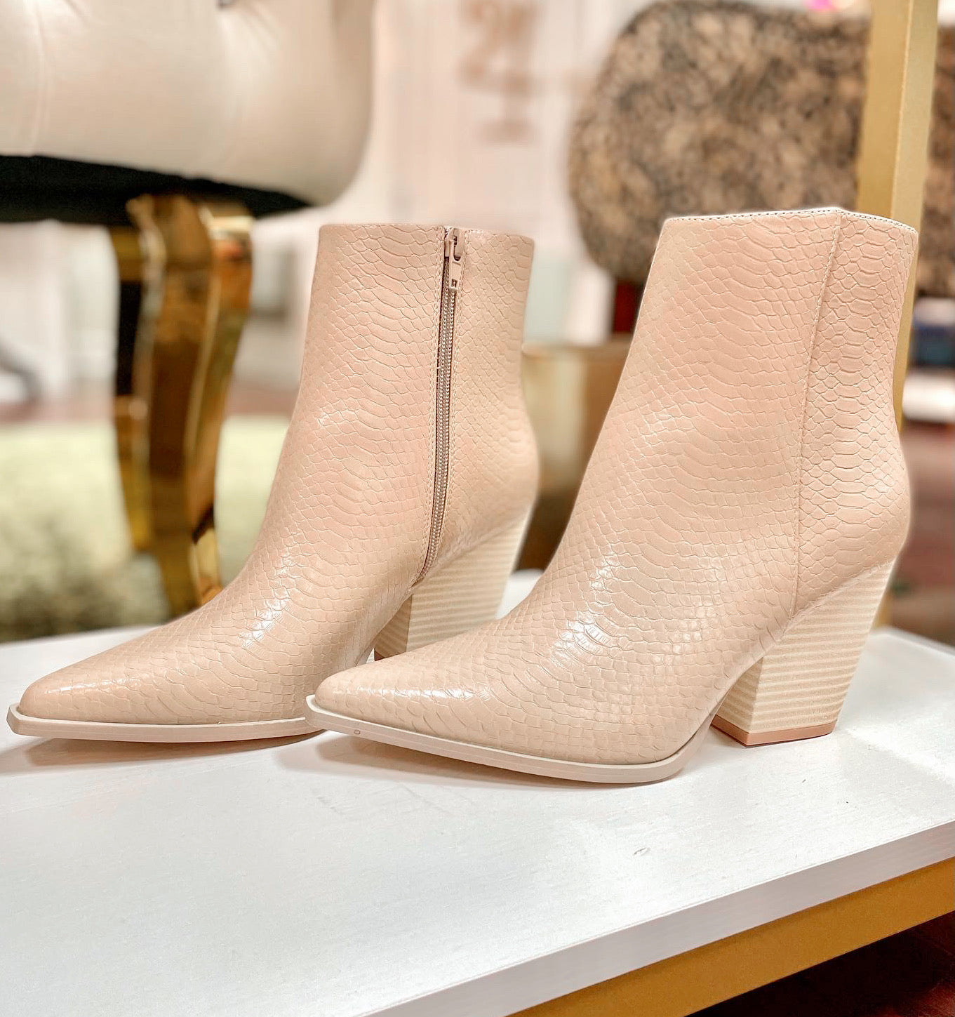 Beige faux snake skin heeled ankle booties