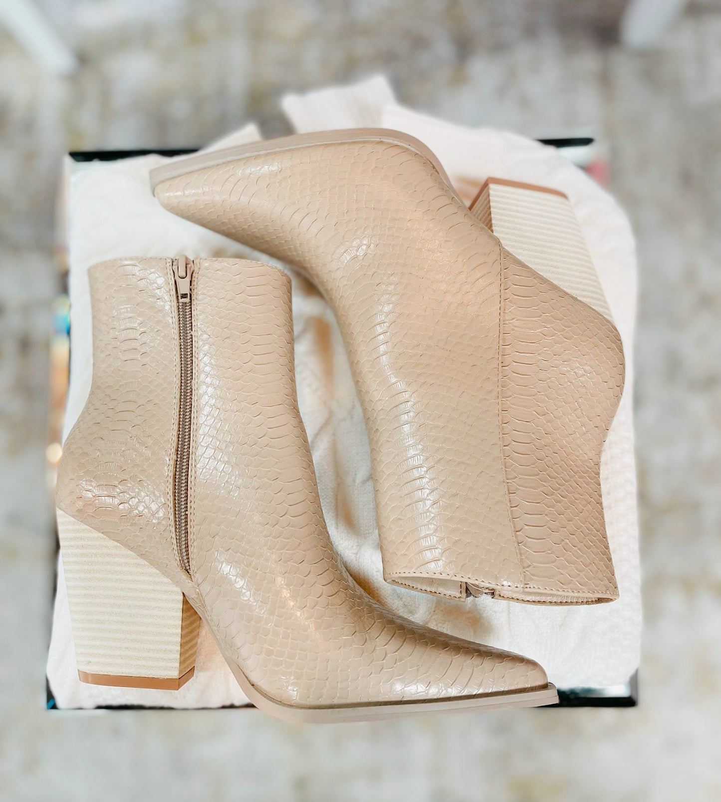 Beige faux snake skin heeled ankle booties
